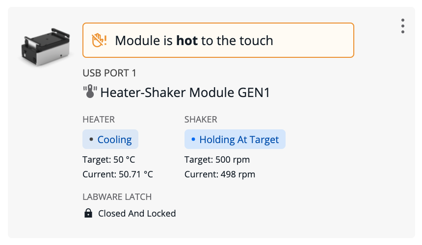 Heater-Shaker status card Card showing the status of a Heater-Shaker module, including a banner showing that it is currently hot.