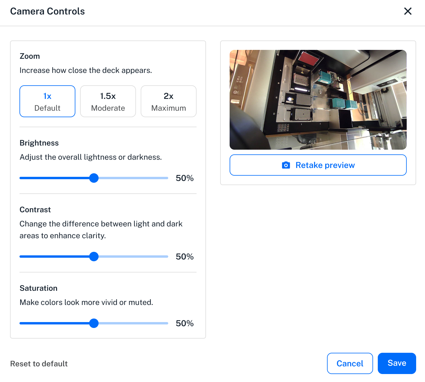 Image brightness, saturation, contrast, and zoom settings