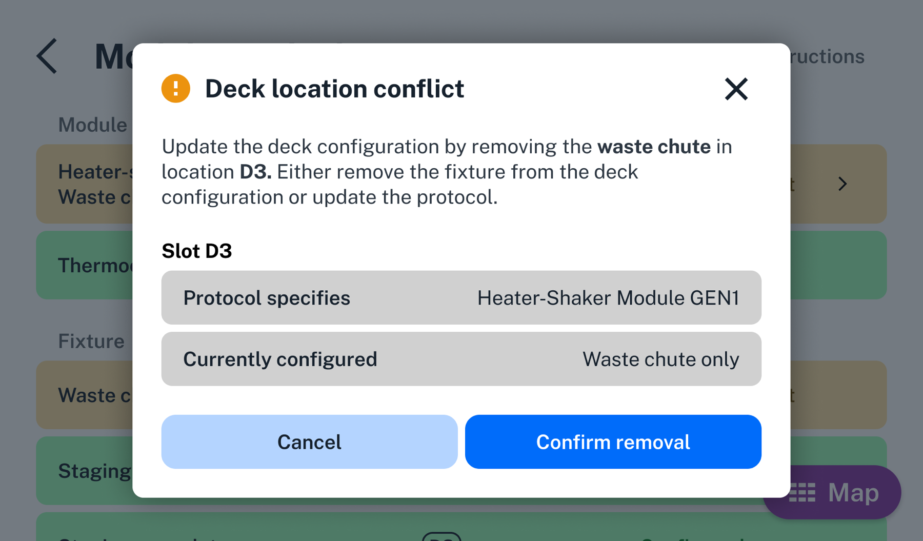 Deck location conflict Deck location conflict modal.