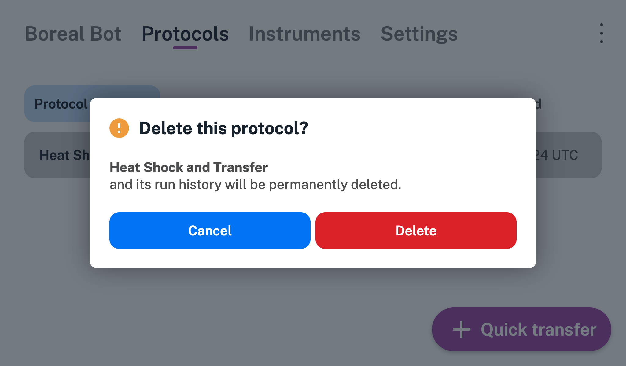 Deleting a protocol Modal confirming whether to delete a protocol.