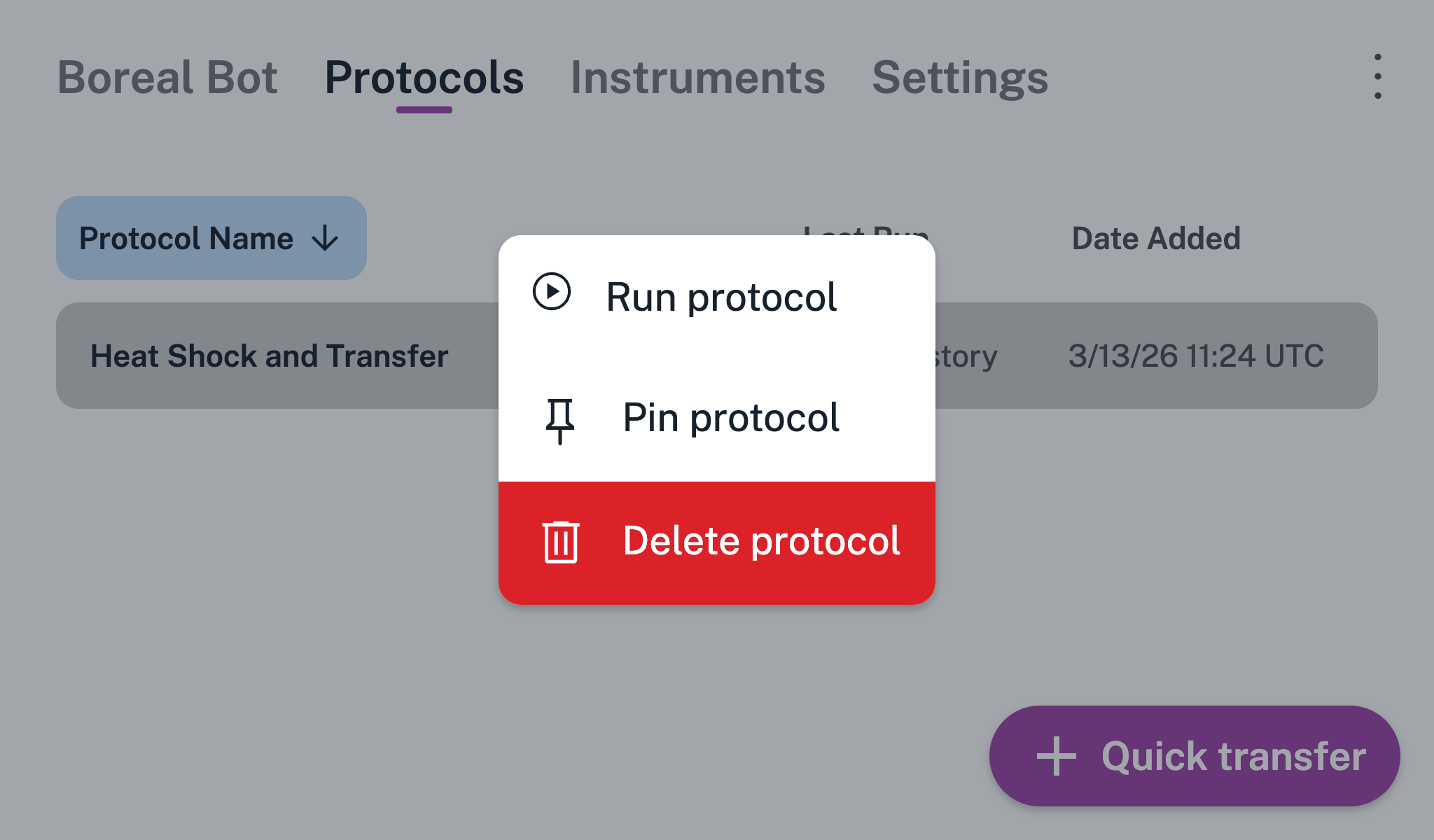 Menu with options to run, pin, or delete a quick transfer.