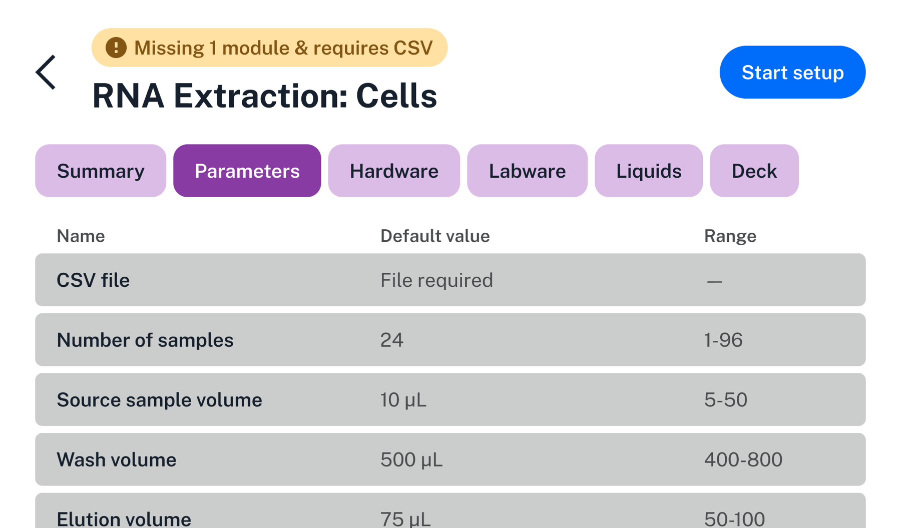 Protocol parameters List of parameters for an RNA extraction protocol, such as number of samples, source sample volume, wash volume, and elution volume.