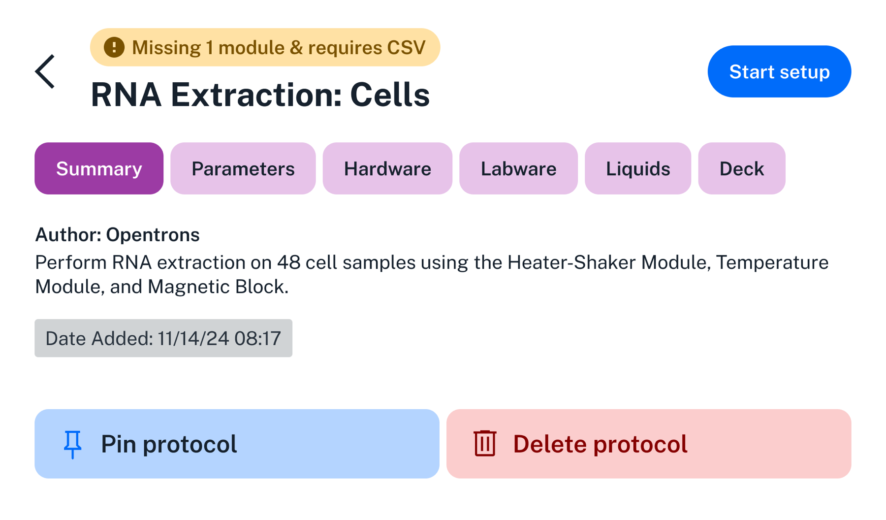Protocol summary Summary of an RNA extraction protocol showing author, description, date, and action buttons.